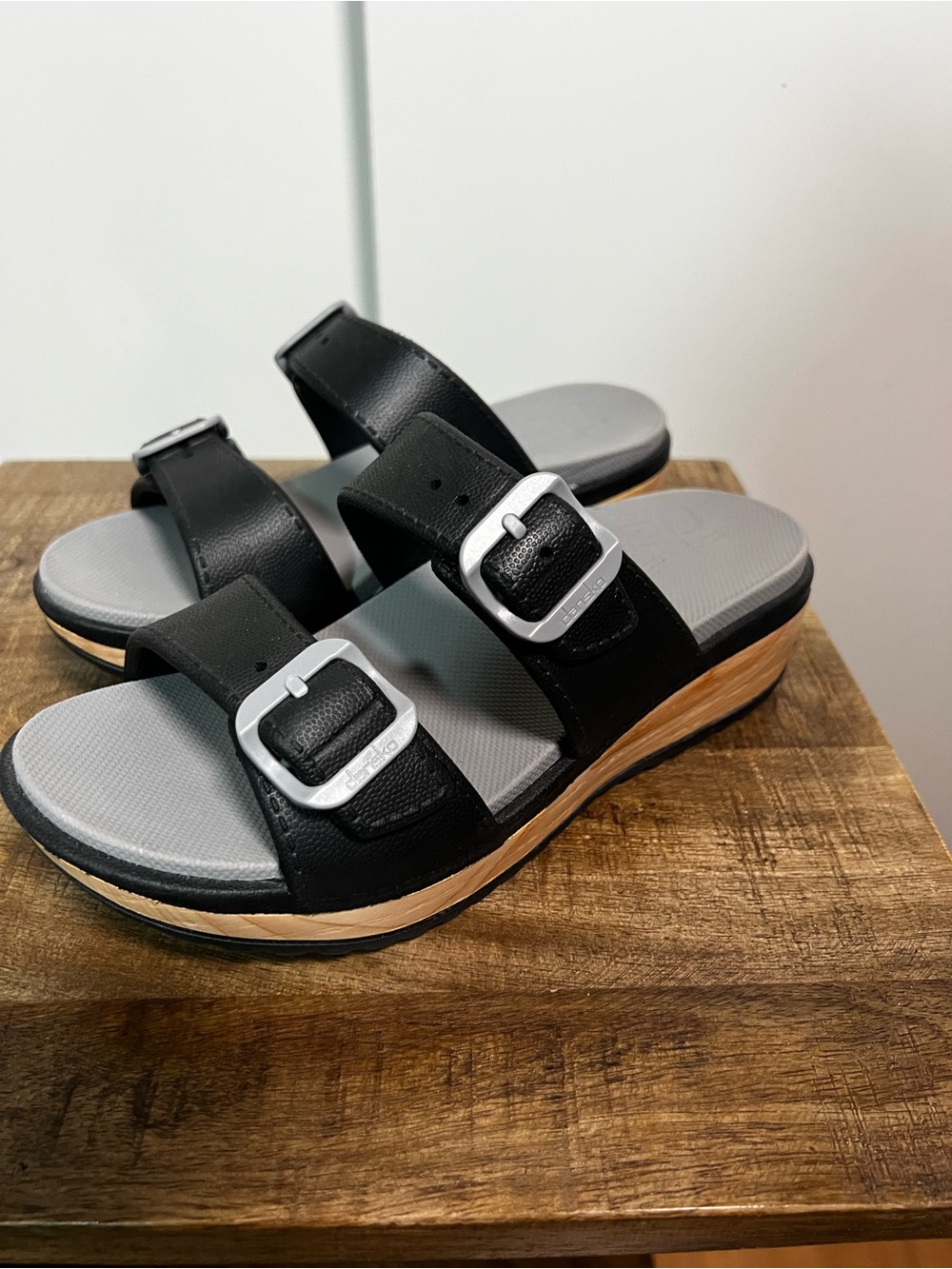Dansko Black Double-Buckle Slide Sandals with Gray Footbed
